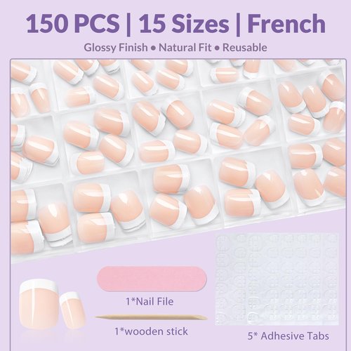 AddFavor 150pcs French Tip Press on Nails Short Square Fake Nails with 15 Sizes, Adhesive Tabs, French Tip Nails Press ons A1crylic Short Acrylic Nail for Women DIY Home Manicure
