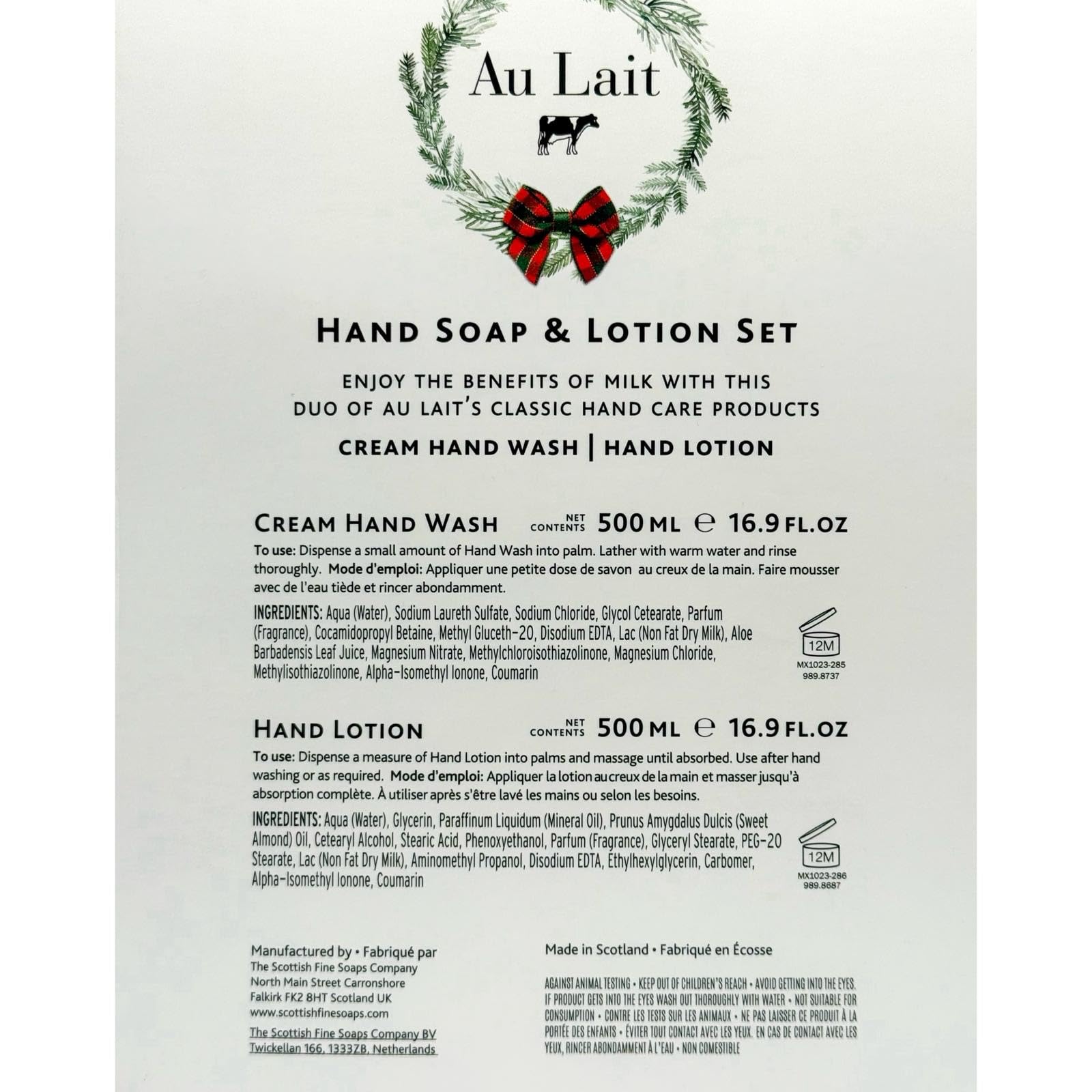 The Scottish Fine Soaps Company Au Lait Hand Wash and Lotion Set, 500ml/16.9 oz Each, Luxury Liquid Soap and Moisturizer Duo