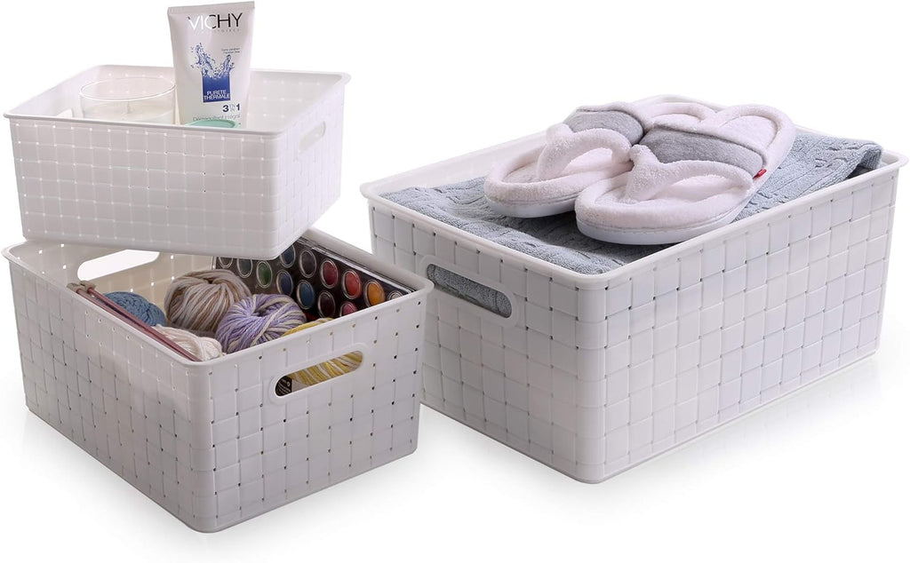 BINO Small White Plastic Baskets - 5 Pack Rectangular Organizers for Cabinets & Drawers | Durable & Portable