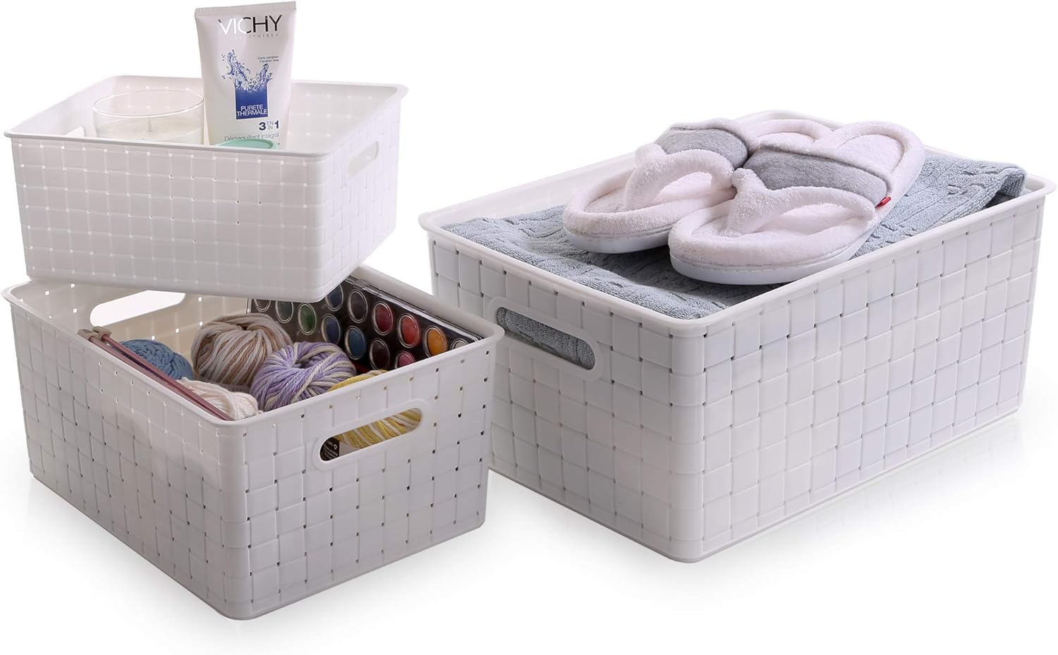 BINO Small White Plastic Baskets - 5 Pack Rectangular Organizers for Cabinets & Drawers | Durable & Portable