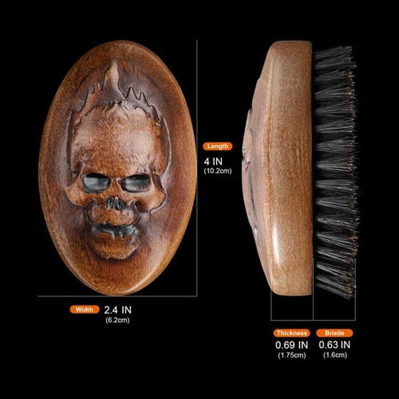 Eagle Fortress Boar Bristle Hair Brush for Men Hair Care - Beard Brush, Mustache Brush with Skull on Wooden Handle, Grooming & Styling Tool for Men, Travel Size