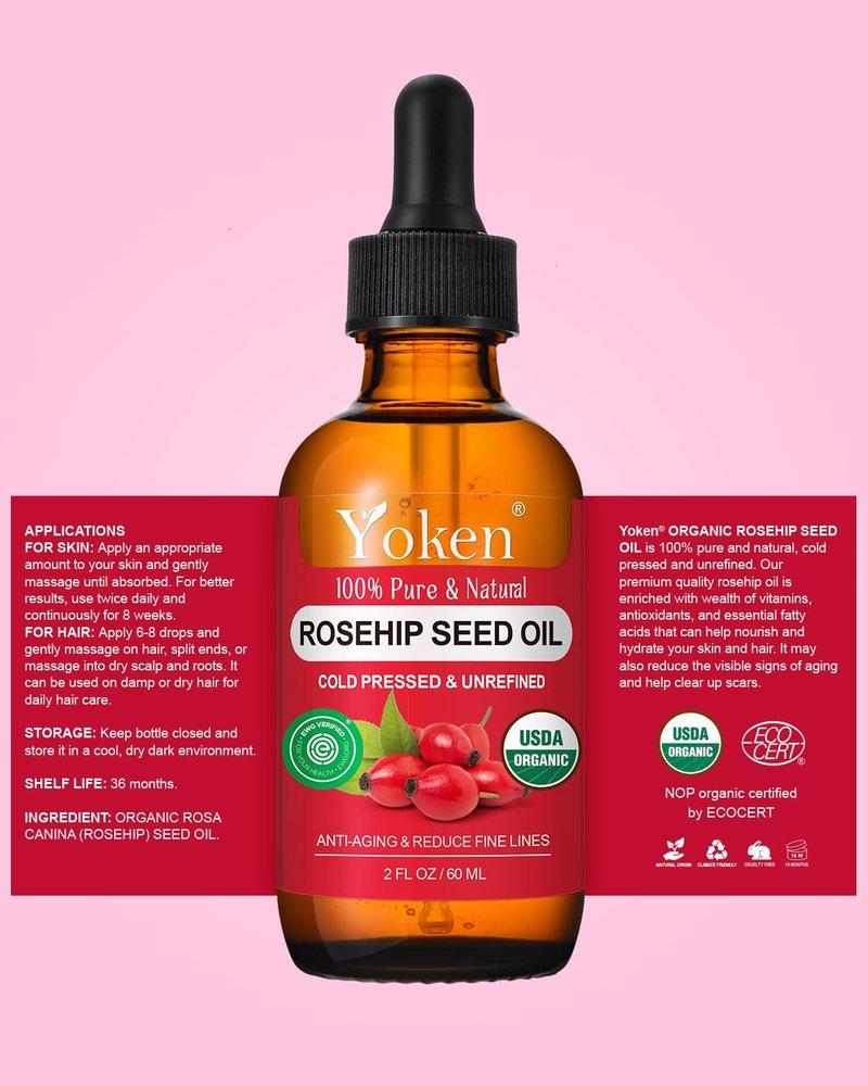 Yoken Organic Rosehip Seed Oil for Face, 100% Pure and Natural Cold Pressed Unrefined Rosehip Oil Carrier for Skin, Hair & Nails - Lightweight, Fast-Absorbing (2 fl oz)
