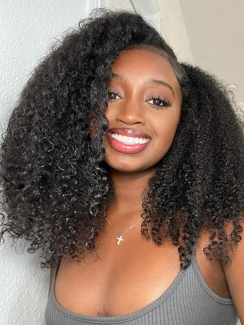 ISEE Half Wig Afro Curly 3 In 1 Glueless Wigs Human Hair Seamless Kinky Curly Flip Over Beginner Friendly Wear & Go Drawstring Band Clip in Wig Human Hair Black Color 14 Inch