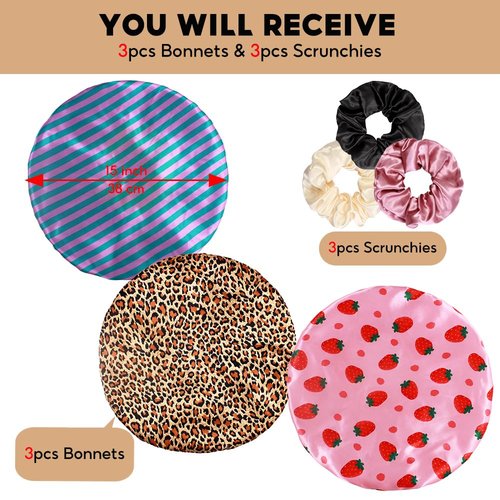 3+3 Large Satin Bonnets with Scrunchies for Women, Wide Band Hair Bonnet for Sleeping Braids Curly Hair, F