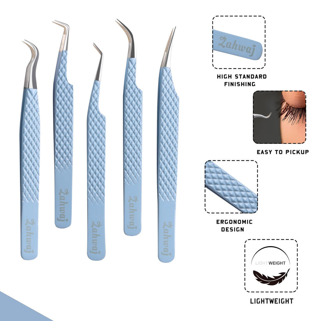 ZAHWAJ Fiber Tip Lash Tweezers - Set of 5 Diamond Grip Eyelash Extension Tweezers, Japanese Stainless Steel Tweezers Set for Volume, Isolation & Classic Lashes (Blue)