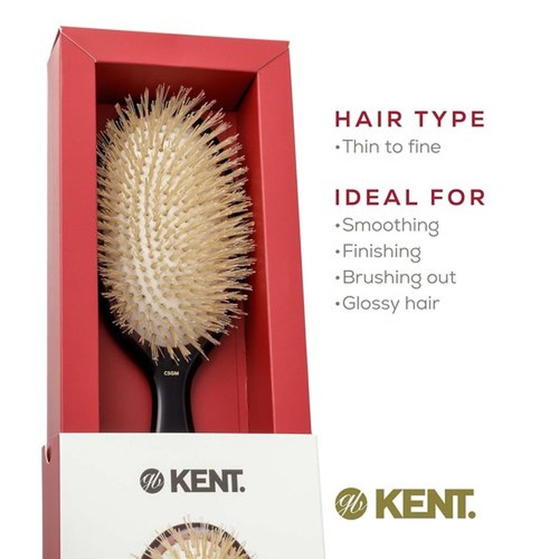 Kent CSGM Classic Shine Medium Oval Cushion Straightening Brush - Soft White Boar Bristle for Fine Hair