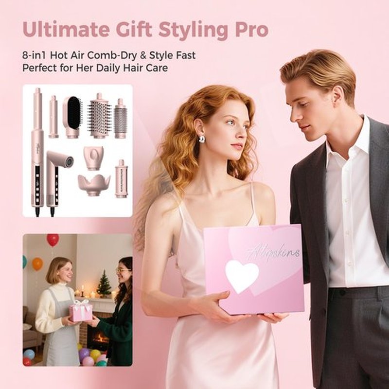 Atopskins 8-in-1 Hair Dryer Brush & Hot Air Styler, 110,000 RPM Blow Dryer Brush Foldable LCD Display, 4 Heat Settings Auto Curler Fast Drying Curling Straightening for Salon & Travel (Pink)