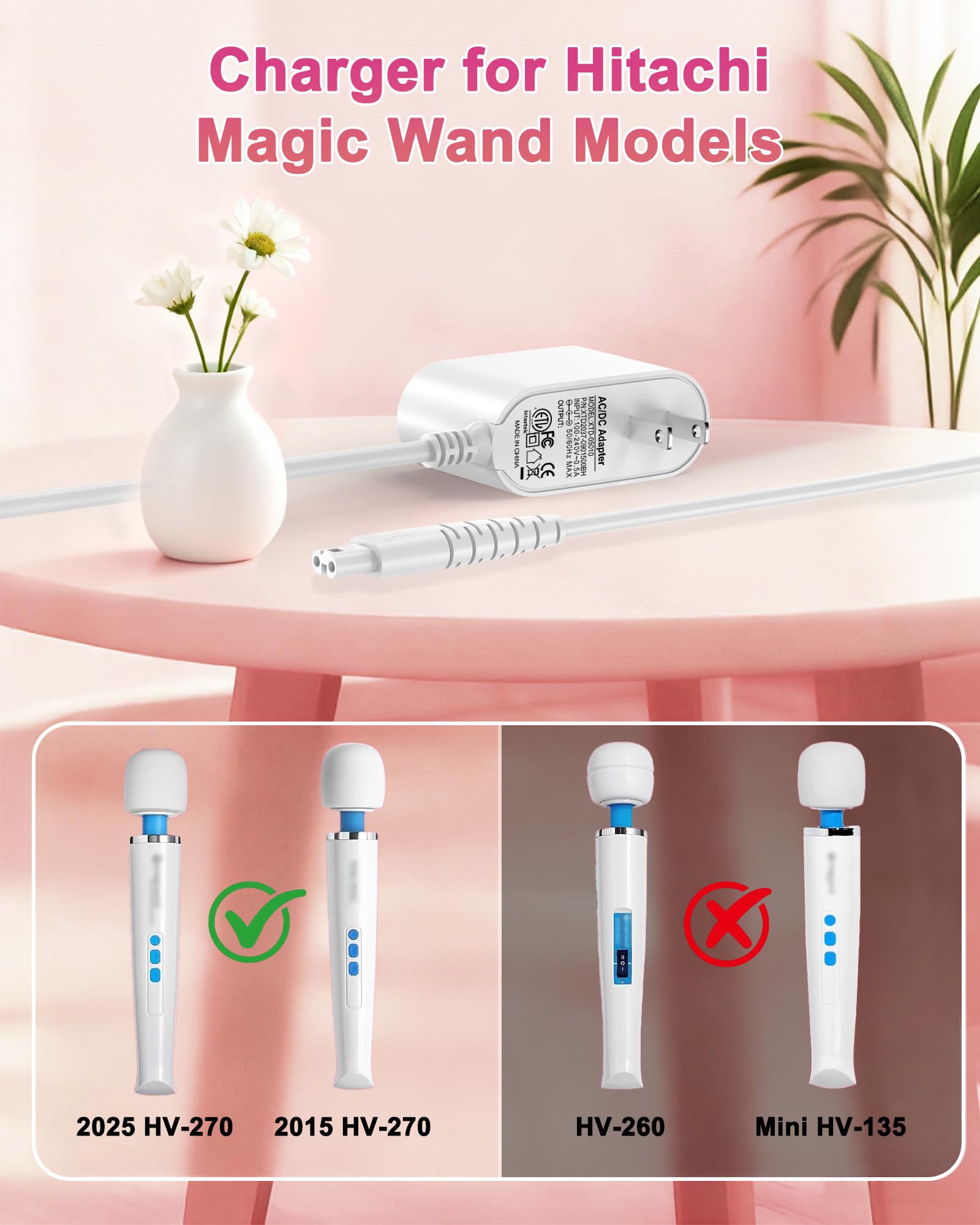 FGIEU 10V Charger for Hitachi Magic Wand HV-270 Rechargeable Cordless Massager