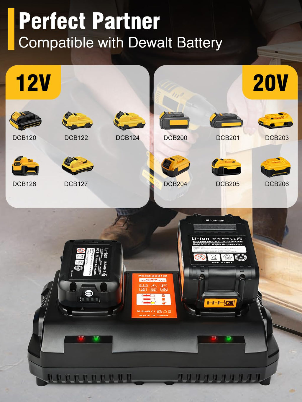 DCB102 20V MAX Battery Charger Replacement for Dewalt Battery Charger, 2 Port Charger Compatible with Dewalt 12V-20V Batteries