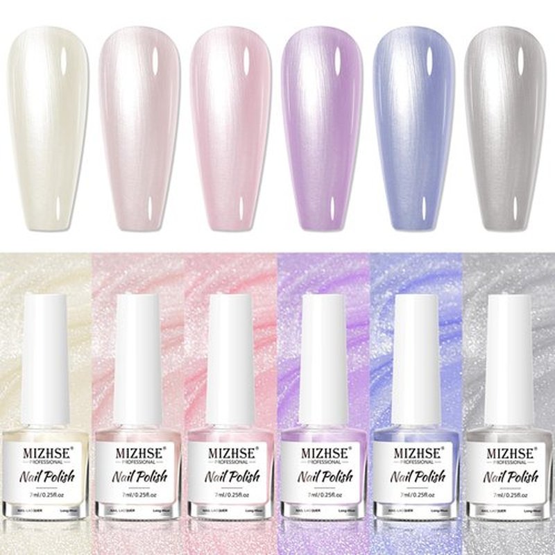 MIZHSE Pearlescent Nail Polish Set, 6 Colors Quick Dry Pearl Nail Polish, Air Fast Drying Nail Lacquer Non Gel Oil-based Pink Purple Blue Gray Nail Art Manicure Home DIY Gift for Women