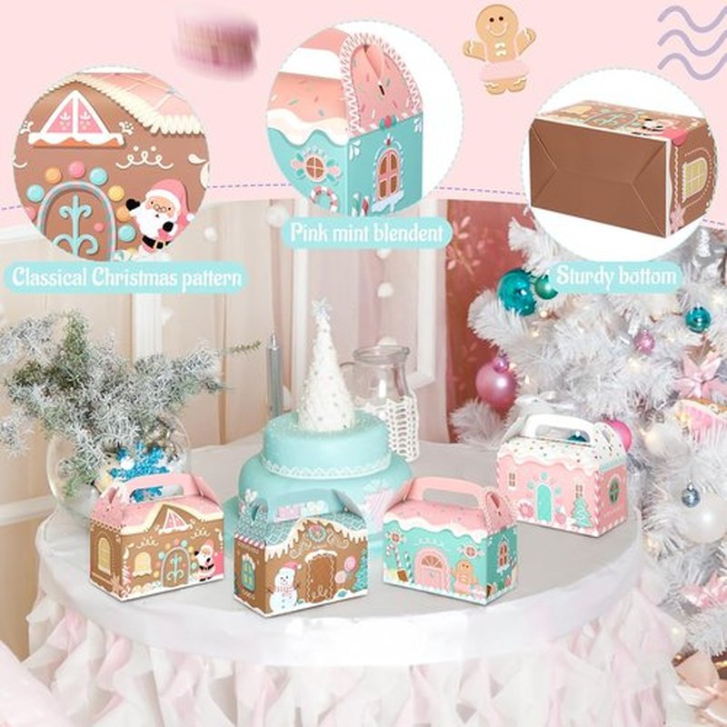 Skiennix Pink Christmas Treat Boxes - 20 Pcs 3D Gingerbread House Design | Cute Gable Goodie Gift Boxes for Snacks & Party Favors