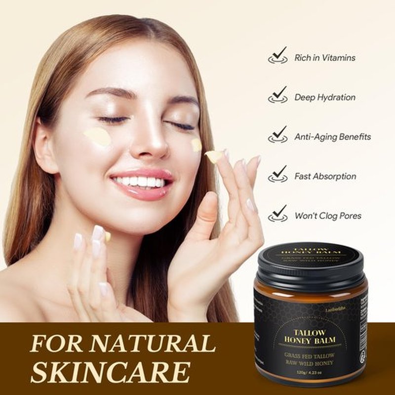 Lazibudgha Beef Tallow for Skin, Tallow and Honey Balm for Face, Grass-Fed Tallow for Body, Deep Nourishing 4.2 oz / 120g