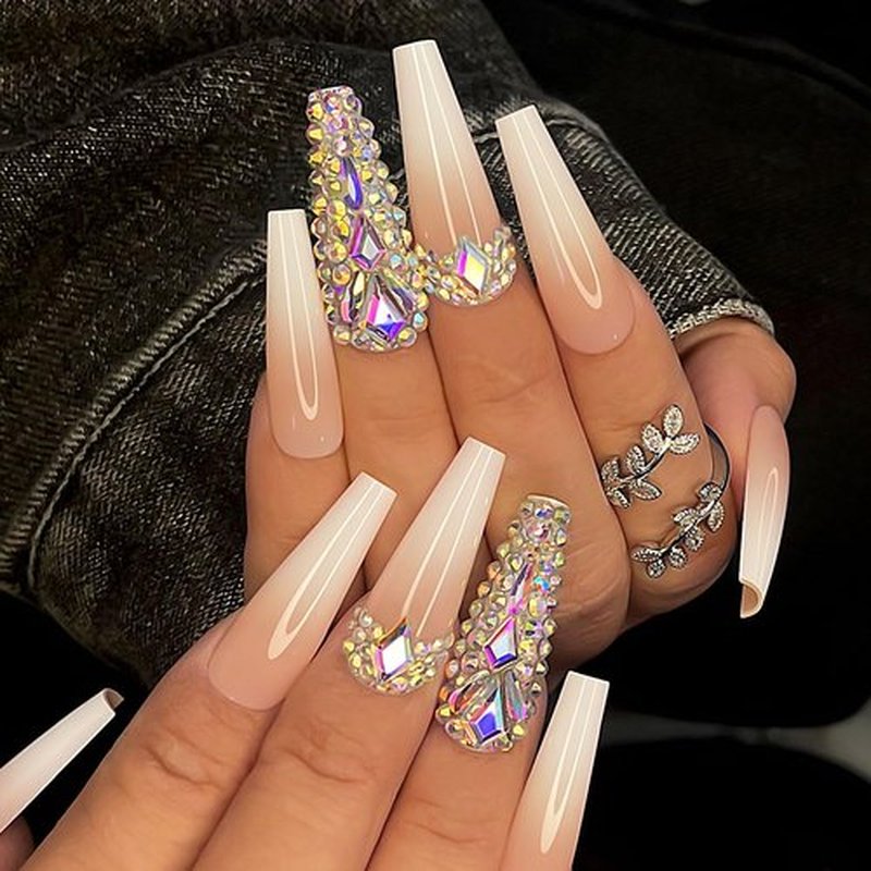 Gufonkod Pink Press on Long Coffin Bling Ballerina Acrylic Nails - 24PCS with Glue, Rhinestones, Gem Artificial Stick on Nails