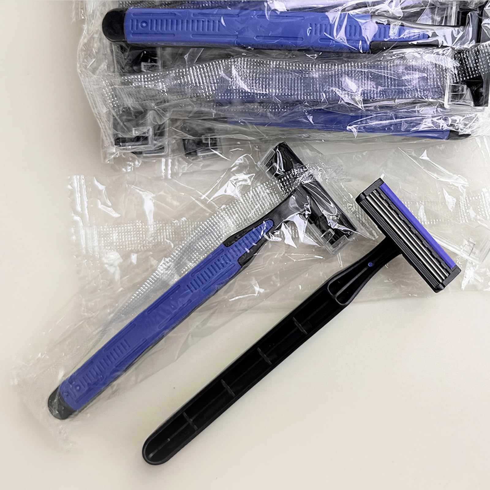 Individually Wrapped 3 Blades Razors Bulk, Travel Size Disposable Manual Razors with Stainless Steel Blade (Blue) (50)