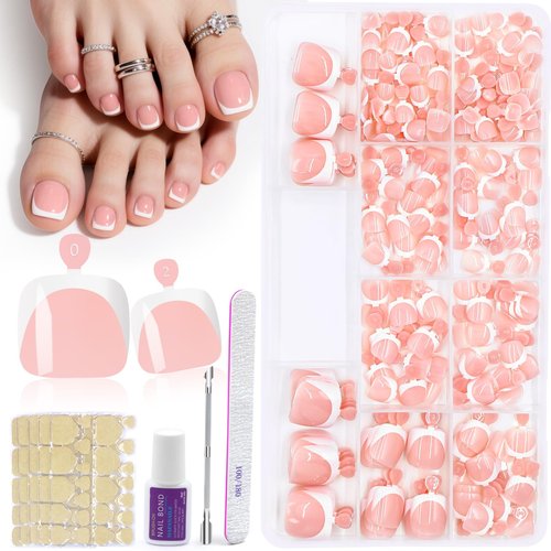 Toe Press On Nails, 240Pcs White French Press On Toenails Kit, Nude Square Pre-Designed Soft Gel False Toenail Extension, 12 Size Full Cover Fake Toenail Press Ons for Women