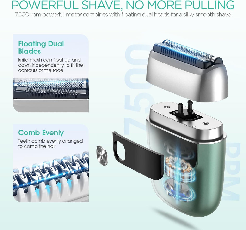 VOYOR Foil Shaver - 2 in 1 Portable Electric Razor for Men | Rechargeable & IPX6 Washable ER300 (Green)