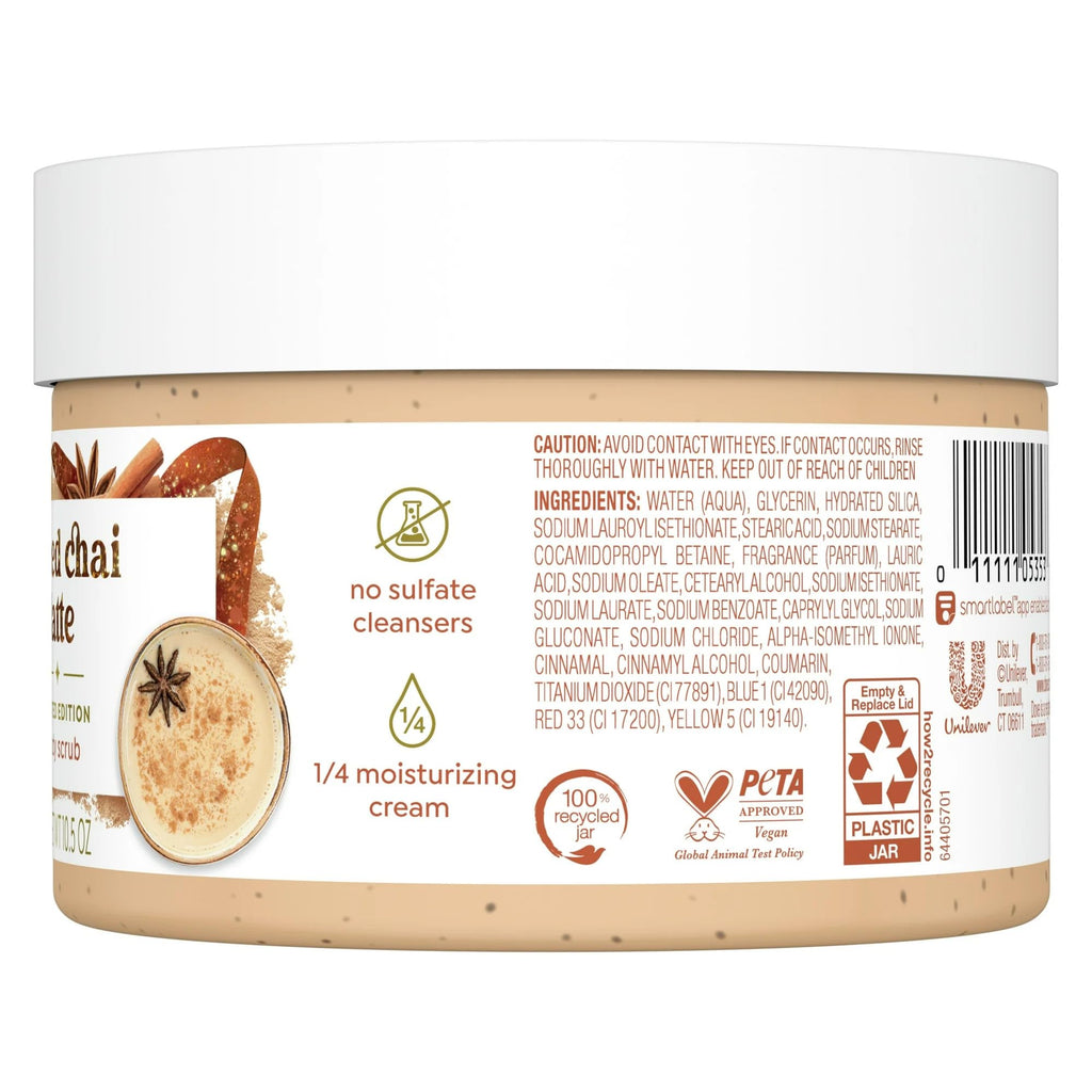 Dove Exfoliating Body Scrub – Spiced Chai Latte, Deeply Nourishing Exfoliant with ¼ Moisturizing Cream, 10.5 oz