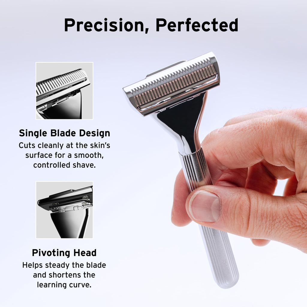 SUPPLY Single Edge Max Razor for Men – Premium Metal Single-Blade Safety Razor with Pivoting Head for Fewer Cuts and Irritation – Includes 8 Blades & Magnetic Reload System – Sterling