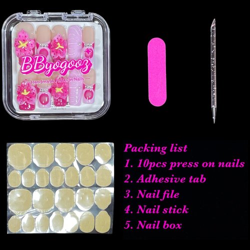 Handmade Press On Nails, Medium Long Square, 3D Floral Design, Nude Base with Rose Red Flowers, Rhinestone Accents, Reusable Acrylic False Nails (Duo Blossom, L)