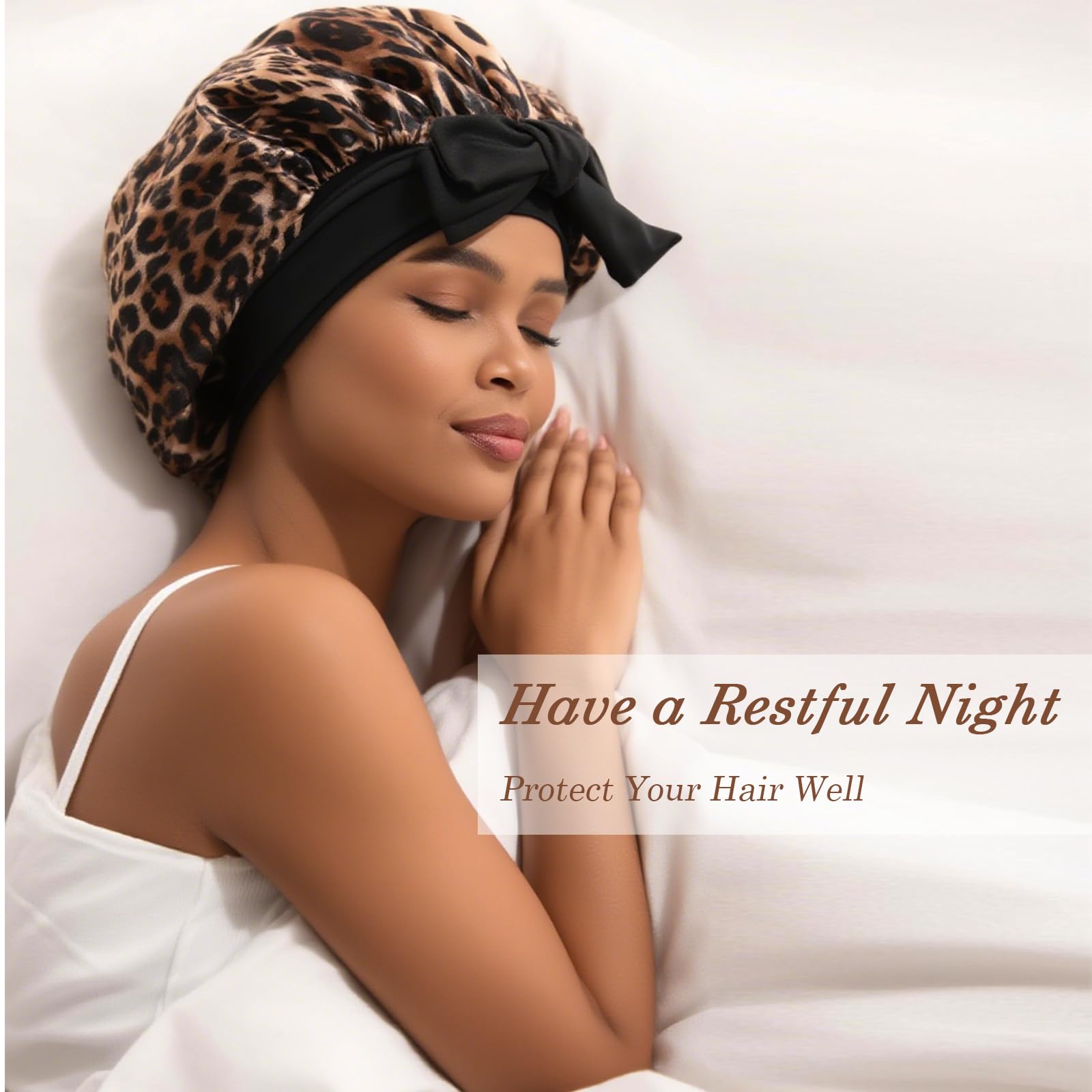 YOHTAS Satin Hair Bonnet for Sleeping Women, Double Layer Silk Bonnets for Women with Tie Band, for Braids Curly Long Hair