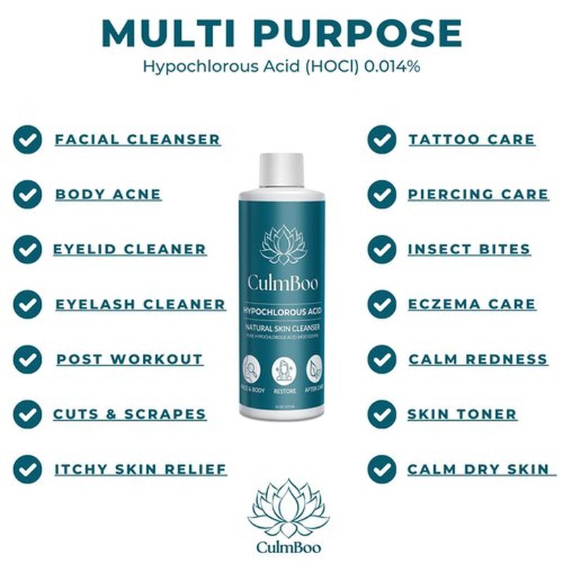 CulmBoo, Hypochlorous Acid Spray for Face & Skin - HOCl, Acne Prone Skin, Eczema, Natural Tattoo Aftercare, Piercing Aftercare Spray, Eye Lash Cleanser, Face Mist Toner, Wound Care Cleanser, 16 Fl Oz