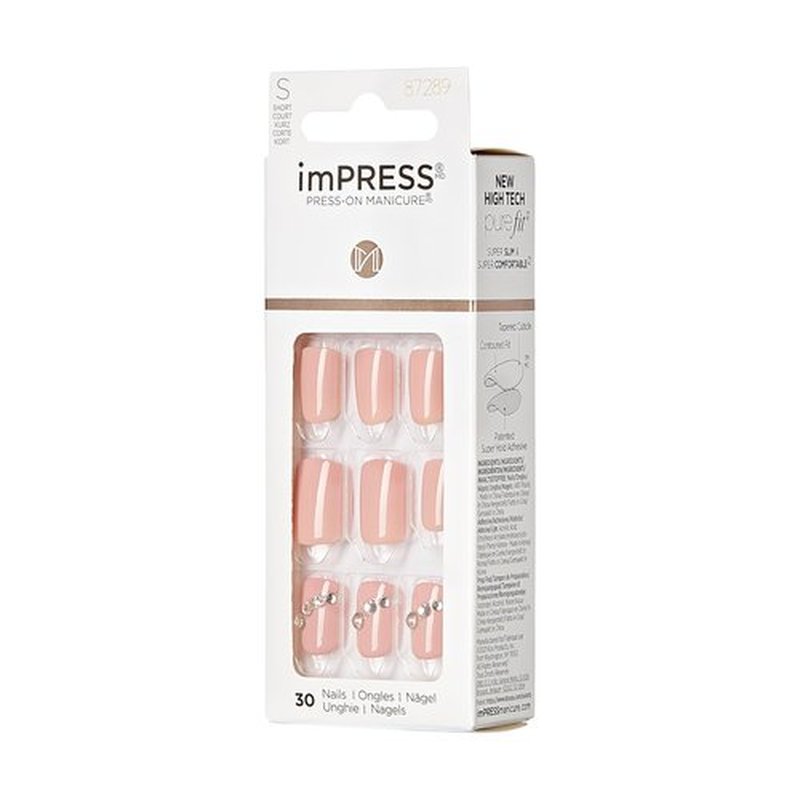 KISS Impress Press-On Manicure Fake Nails, Crystal Blossom - Short Length, Squoval Shape, Polish-Free Pink with Rhinestone Design Mani, Includes Prep Pad, Mini File, Manicure Stick, and 30 Fake Nails
