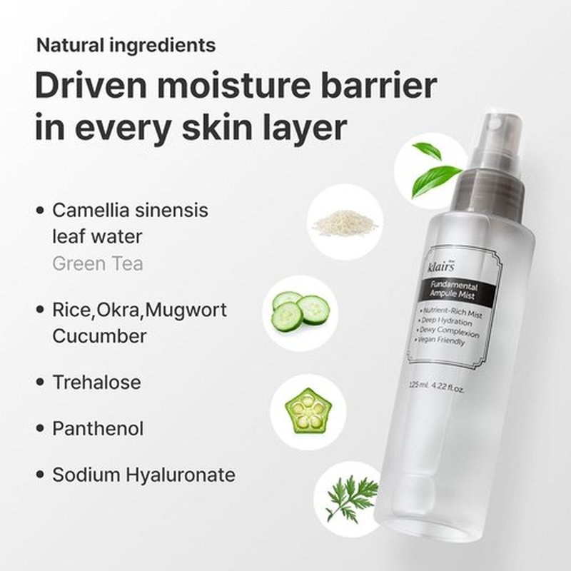 DearKlairs Fundamental Ampoule Mist - 75% Green Tea Face Toner Spray for Dewy Glow | Fragrance-Free, 4.22 Fl Oz