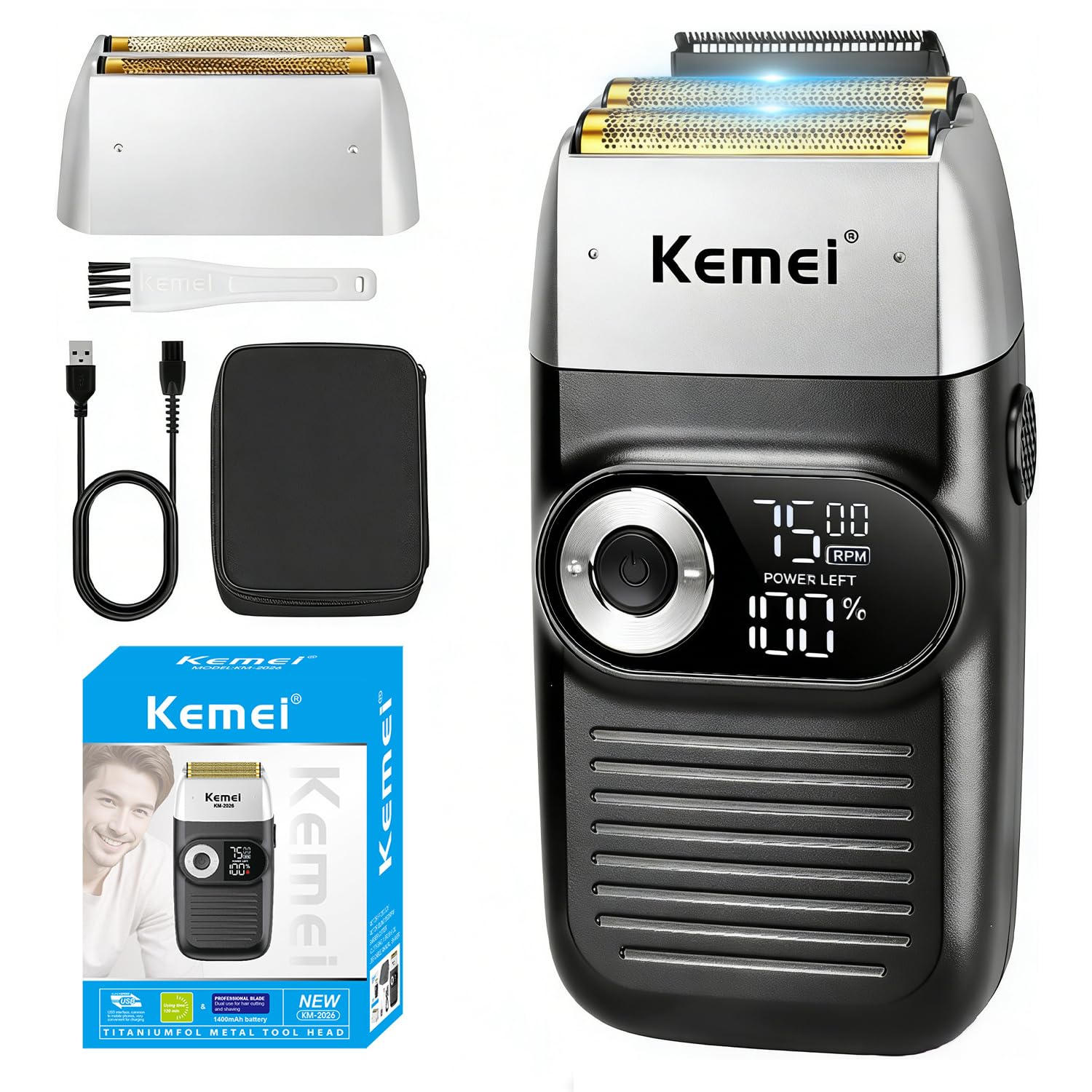 KEMEI Razor Barber for Men,Electric Razor Rechargeable with Beard Trimmer,Cordless Lithium Titanium Razor with Travel Case