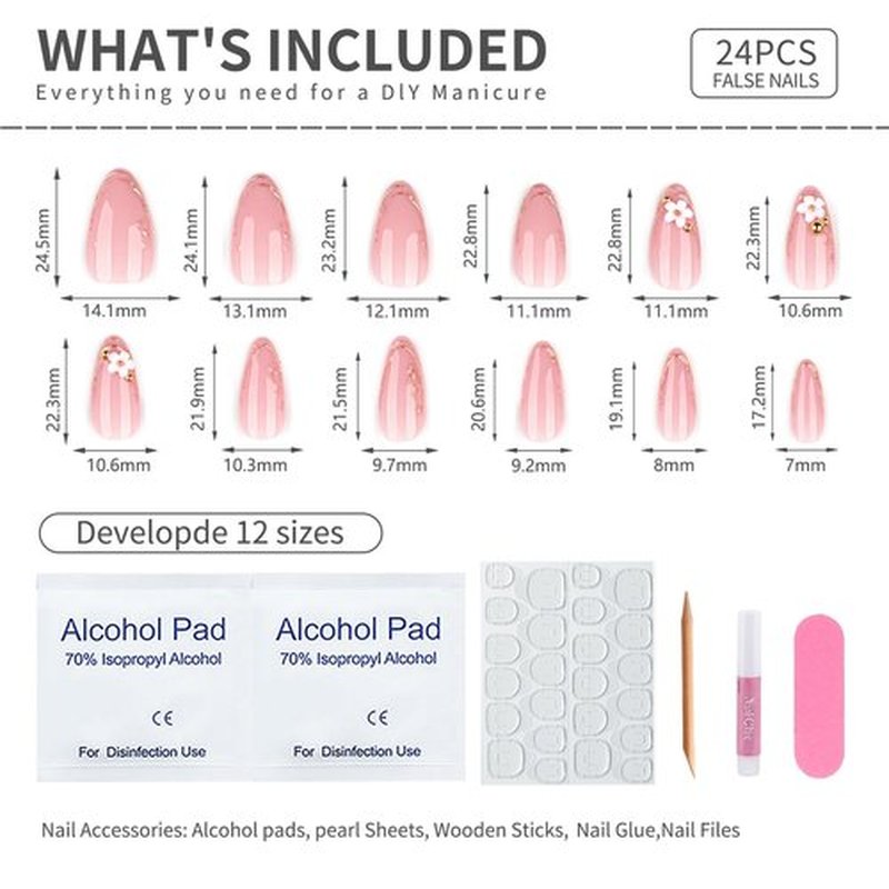 Nude Pink Flower Press On Nails 24PCS – Almond Soft Gel Fake Nails with Gold French Tips, Glossy Reusable False Nails, Elegant Floral Stick On Nails for Women, Salon-Quality Manicure at Home