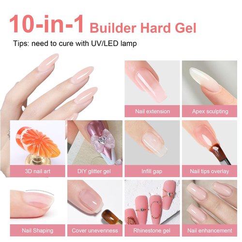 GazePlus Clear Hard Gel for Nails, 10 in 1 56g Large Capacity Builder Gel For Nail Extension Strengthen for Professional Salon and Nail Art DIY