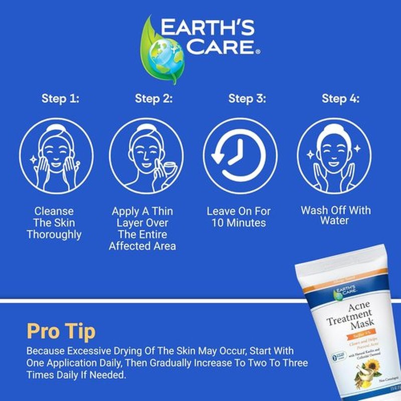 Earth's Care Acne Treatment Mask - 5% Sulfur Formula for Cystic Acne - 2.5 OZ Tube for Face Pimples & Blackheads