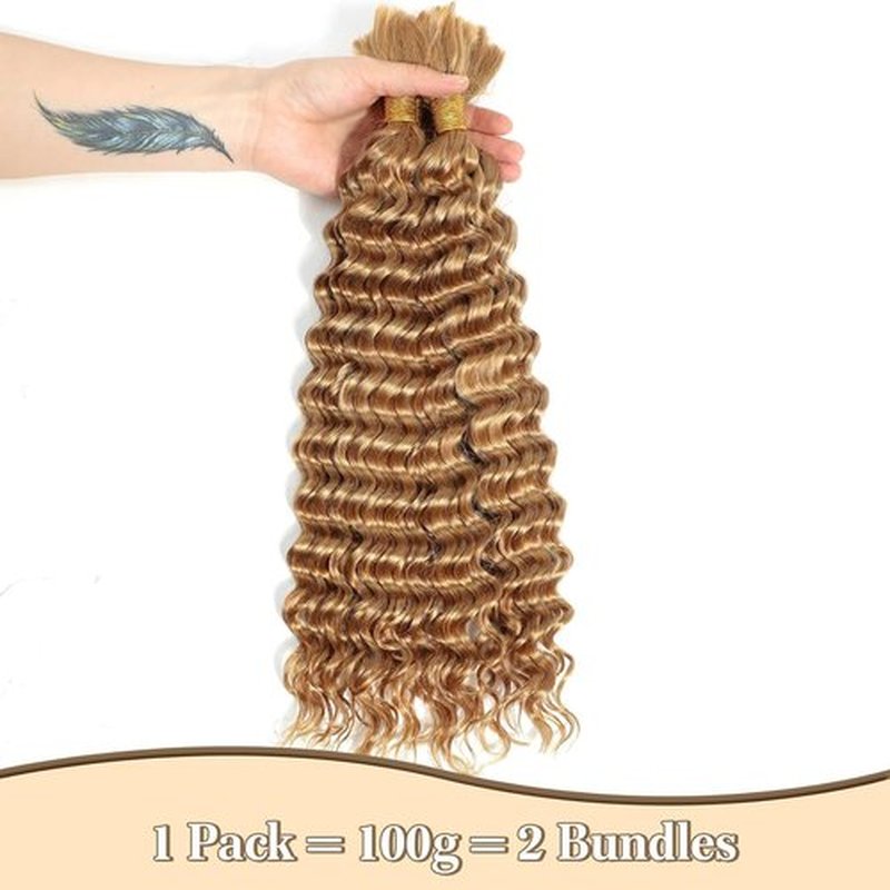 Leruikair Deep Wave Human Braiding Hair 50g Per Bundle 2 Pcs Total 100g 20 Inch Color 27# Honey Blonde Brazilian Virgin Bulk No Weft Braiding Human Hair for Black Women