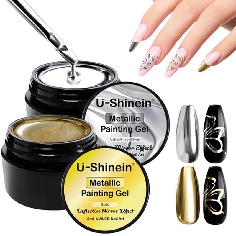 U-Shinein 2x8ml Metallic Painting Gel, Ultra Mirror Silver and Golden Painted Gel Nail Polish, 3D Metal Painting Gel Drawing Mirror Nail Gel Polish High Gloss Soak Off UV/LED DIY Nail Art Manicure