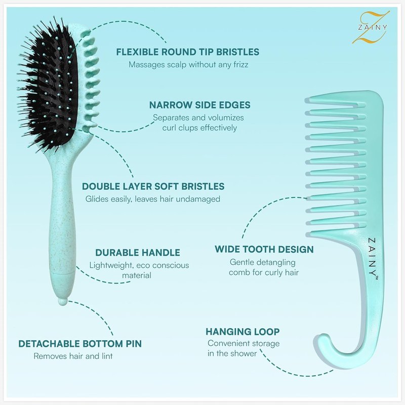 ZAINY Curl Defining Brush Set - 2PC Wide Tooth Comb & Detangler for Curly Hair | Ideal for All Ages