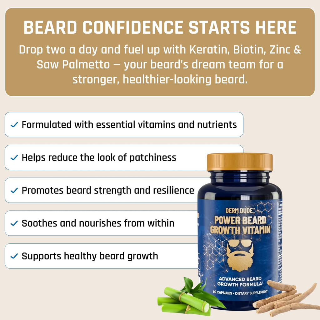 Derm Dude Power Beard Growth Vitamins for Men | With Biotin 10K MCG, Zinc B12 Saw Palmetto & Keratin for Healthier Thicker Fuller & Stronger Facial Hair | Restore Hair Breakage & Thinning, 60 Capsules