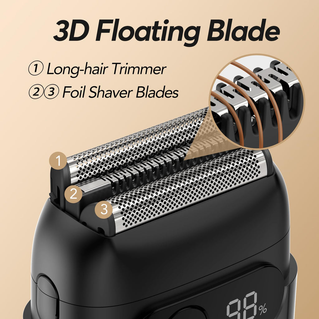 Foil Shavers for Men - Mini Electric Razor with 3 Floating Blades, Smart LED Display, Traver Lock, IPX7 Waterproof Wet/Dry Shaving for Face & Beard, USB-C Fast Chage for Travel Home, Gift for Men