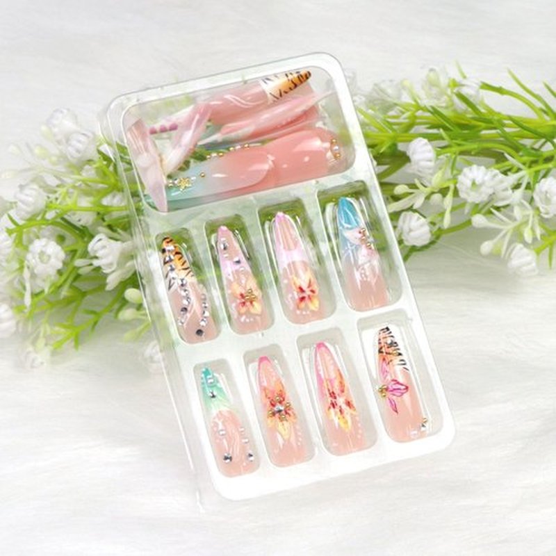 Acrylic Press on Nails Long Almond Fake Nails Colorful French Tip Nails Press ons with Flower Pearl Rhinestones Designs Fall Winter False Nails for Women 24Pcs