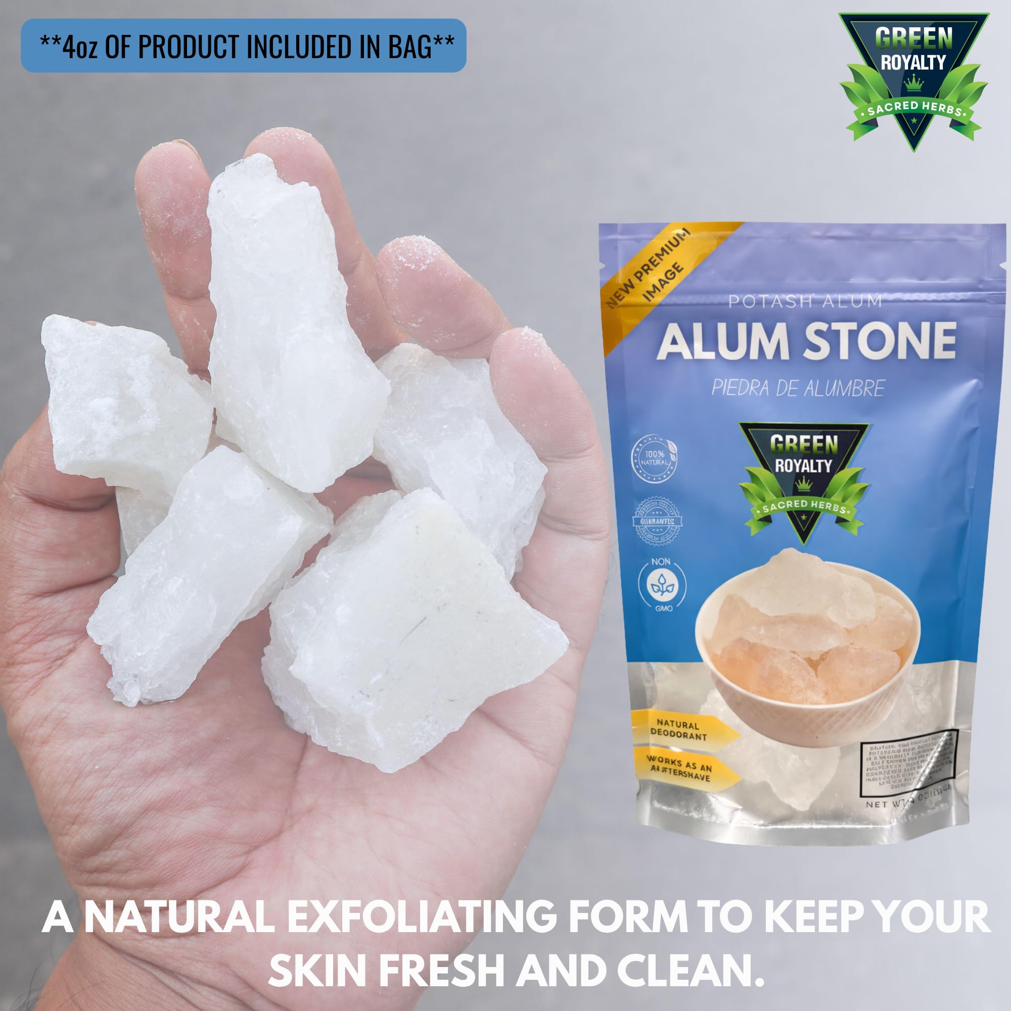 GREEN ROYALTY Alum Stone (Piedra de Alumbre) 4 oz - Multi-Purpose Crystal for Skin Care and Healing - Natural Deodorant & Antiperspirant | Shaving Stone.