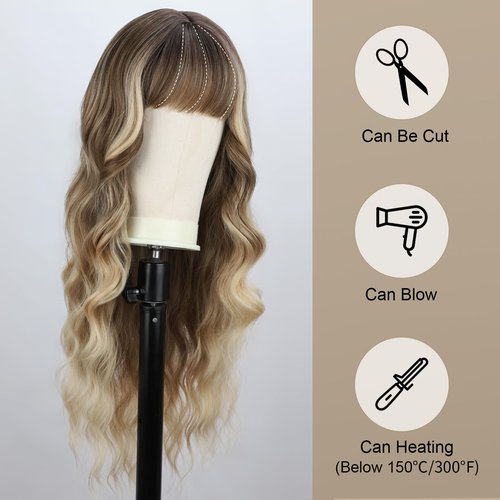 BOGSEA Ombre Blonde Wig with Bangs Long Blonde Wig for Women 26 Inch Synthetic Heat Resistant Fiber Wigs for Daily Party
