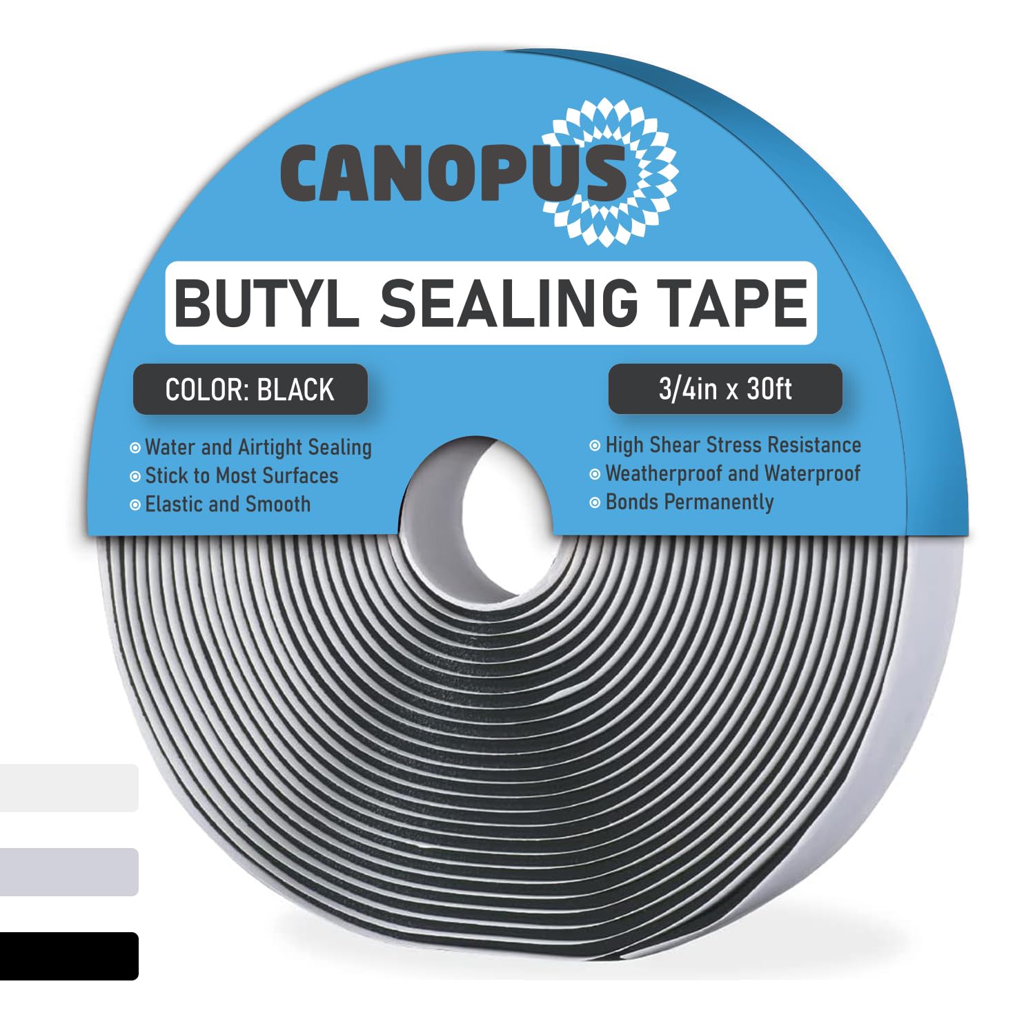 CANOPUS Butyl Seal Tape, Black, 1/8-in x 3/4-in x 30-ft, Heavy Duty, Waterproof Sealant Putty Tape, Rubber Tape to Seal RV, Boat, Home Pipes and Car Windows Leaks