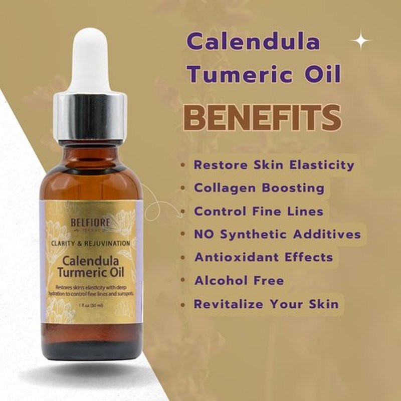 Belfiore Herbal Calendula Turmeric 100% Pure Natural Organic Oil, Healthy Skin, Collagen Boosting Anti Wrinkle, Vegan, 1 ounce