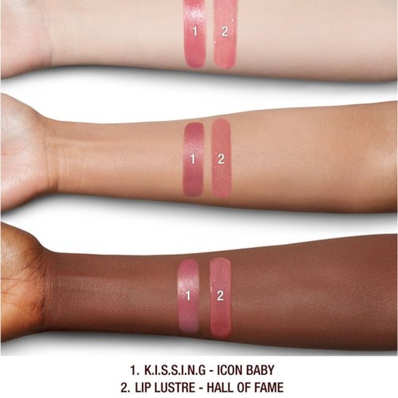 Charlotte Tilbury Icon Baby Lip Duo Kit - Mini K.I.S.S.I.N.G Satin Shimmer Lipstick & Full Size Hall of Fame High Shine Gloss Set - Hydrating Long Lasting Makeup Duo for On-the-Go Glossy Shine