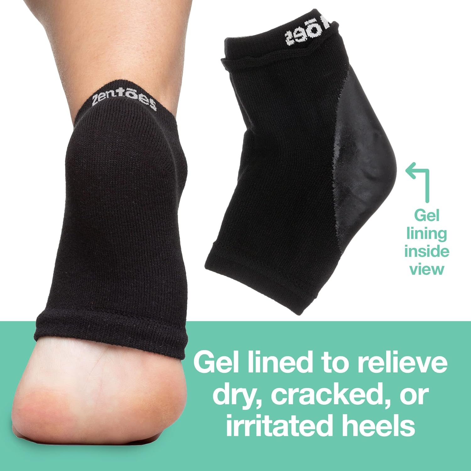 ZenToes Moisturizing Heel Socks - Cracked Heel Treatment with Vitamin E & Jojoba Oil | Black Cotton, Regular Size