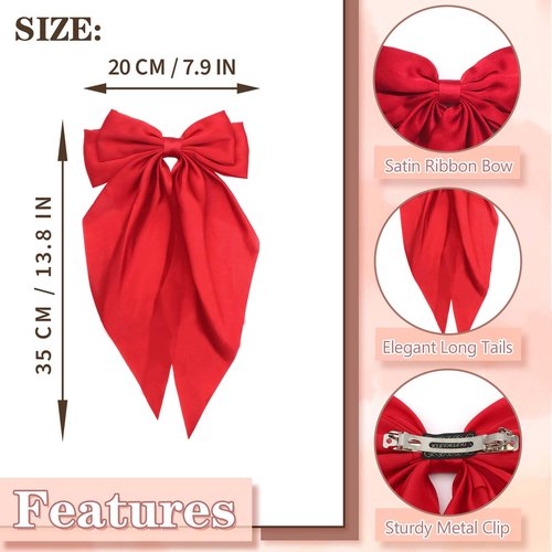 STGDAK Valentine's Day Hair Bows Classic Bow Clips Red Ribbon Bow Barrettes Large Bowknot Clip Satin Bowknot French Barrette Long Tail Cute Valentines Day Hair Accessories For Girls Women Teens