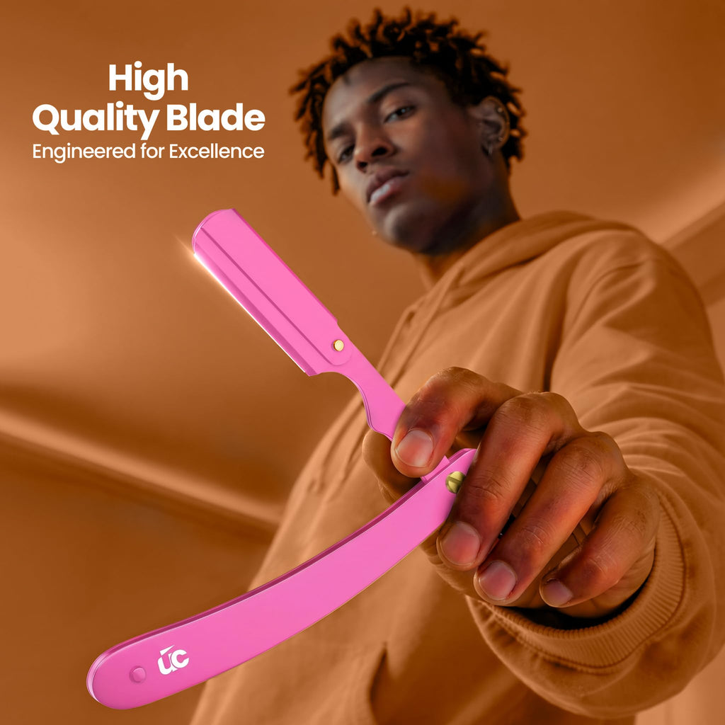 Utopia Care Professional Straight Razor for Men, Barber Straight Edge Razor Safety with 100 Pack Blades, Pink