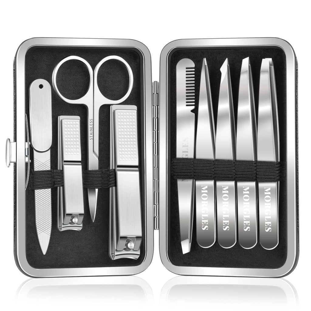 MORGLES Tweezers Set for Men 9 Pcs Nail Clipper Kit with Case for Grooming