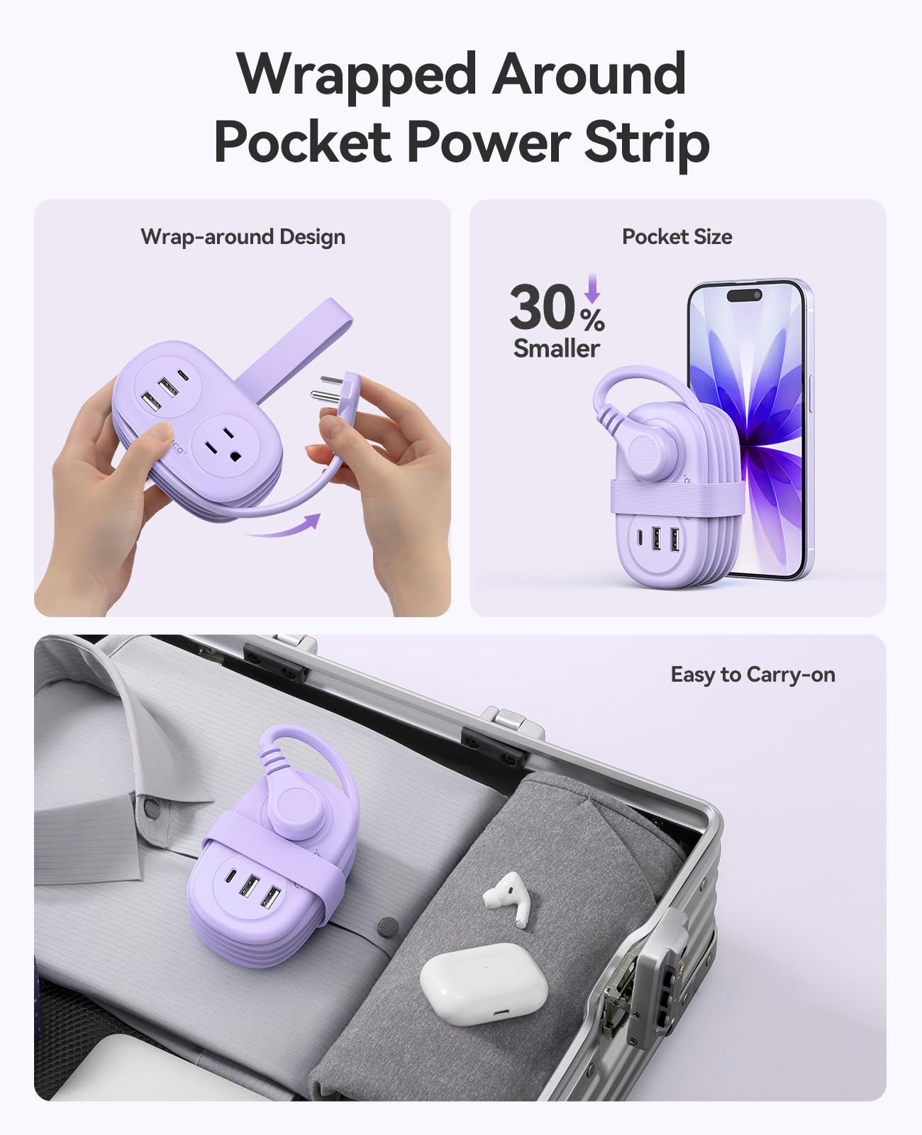 ORICO Cruise Approved Power Strip for Travel, 5 in 1 Extension Cord with 2 AC Outlets 2 USB-A and 1 USB-C Ports, 3.7 ft Flat Plug Wrapped Around Power Strip for Cruise Office, Hotel, Home- AP3