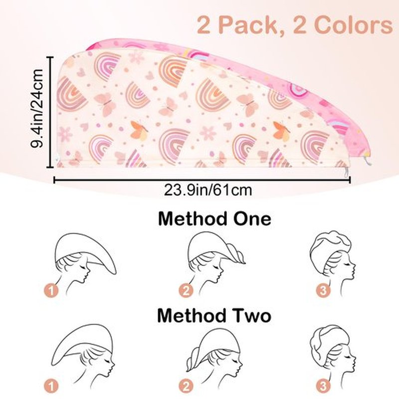 Basumee Microfiber Hair Towel Wrap for Kids 2 Pack Rapid Drying Hair Towel with Button Hair Turbans for Wet Hair Wraps Head Towel Wrap for Women and Girls