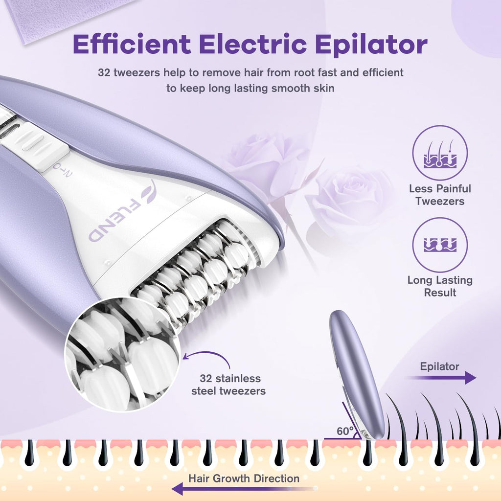 Cordless Epilators,Silent Facial Hair Removal Device, Smooth Glide Tech 2 Speeds & 36 Tweezers Gentle Efficient Hair Removal for Face Legs Arms Armpit Bikini