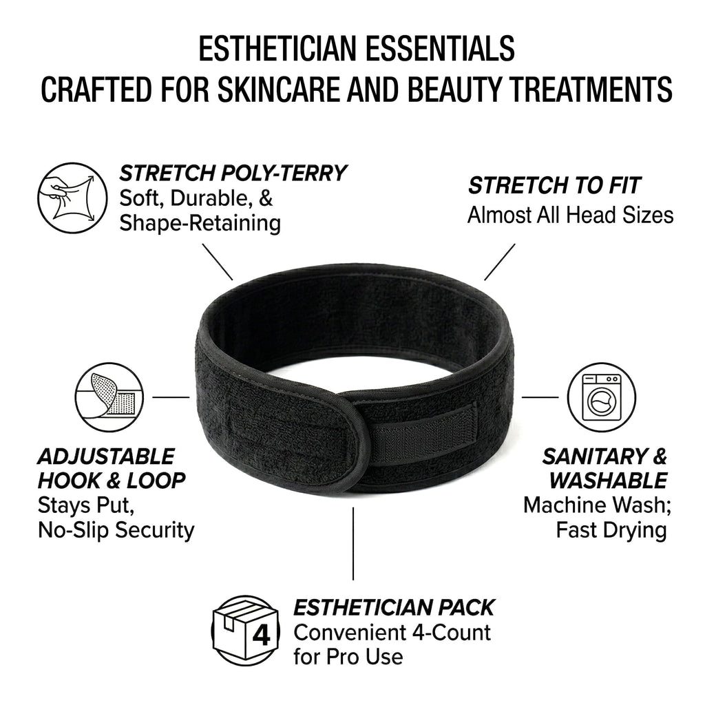 Appearus Spa Facial Headband Stretch Terry Cloth Hair Wraps with Hook and Loop Closure for Salon and Esthetician Use 4 Count Black